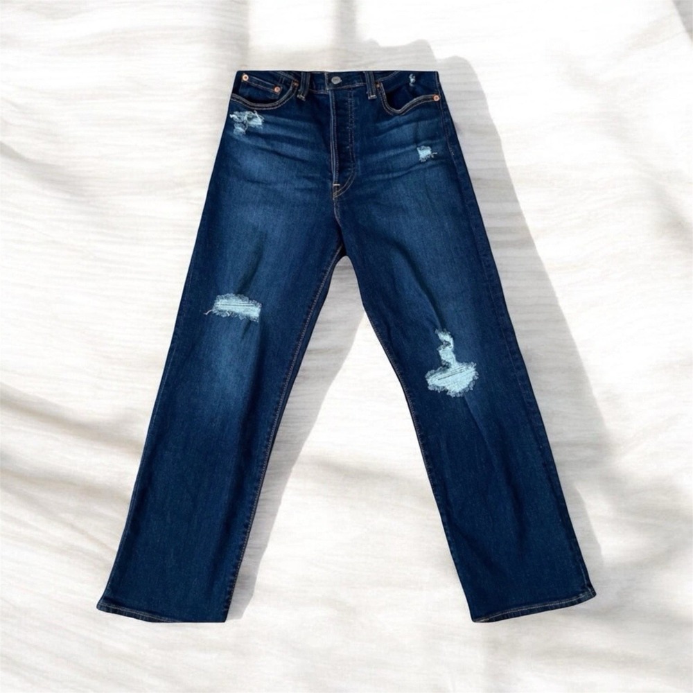 Levis Ribcage Straight Ankle Jeans28 Dark Wash Distressed Ripped High Rise Denim